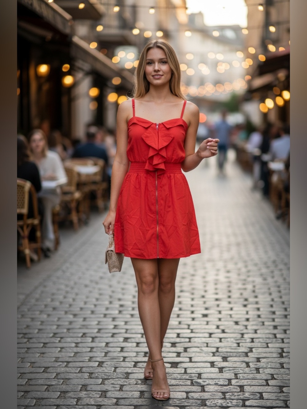 Akira Ruffle-Front Red Mini Dress with Smocked Waist- Color of the Season!!
